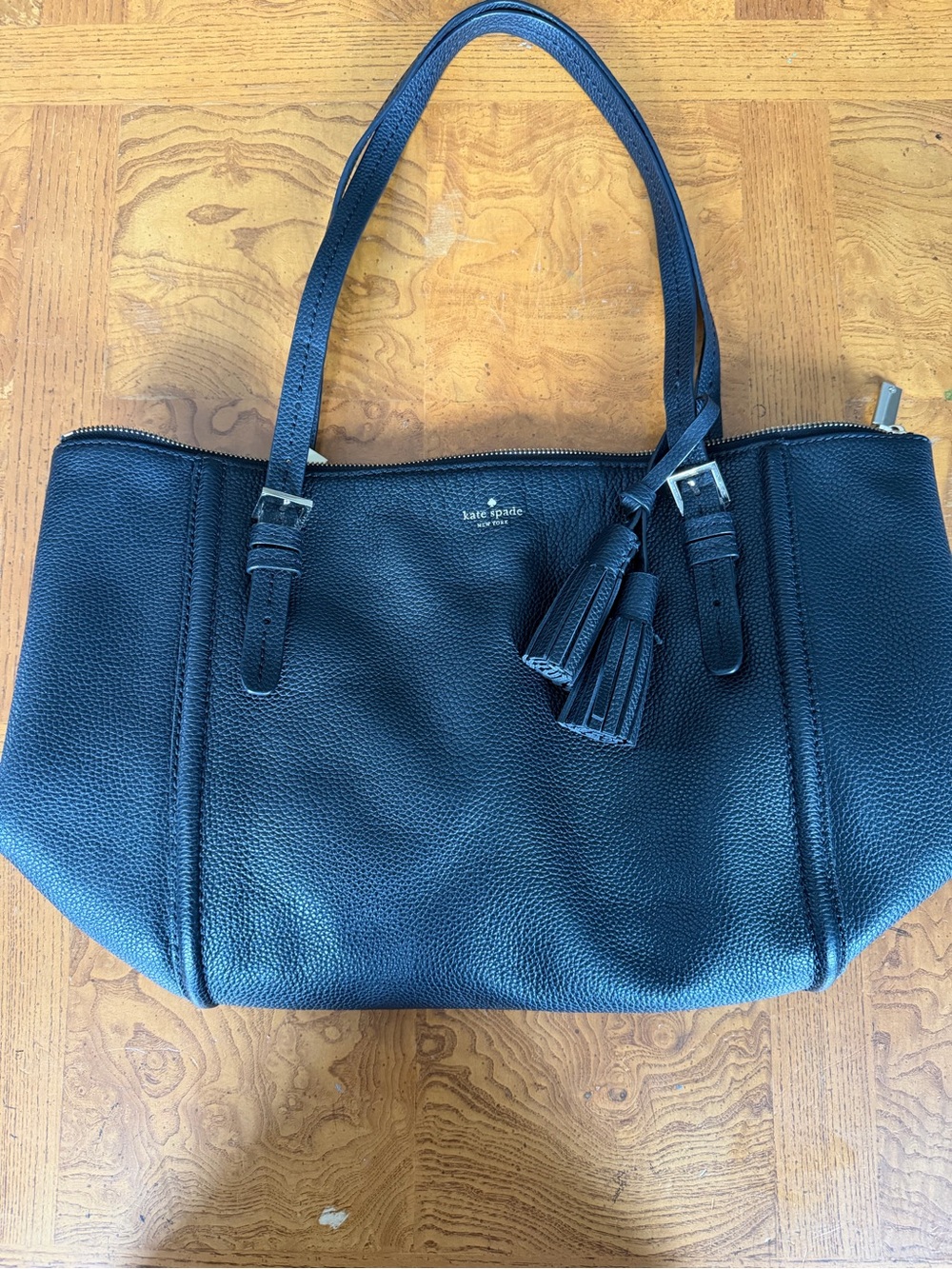kate spade black pebbled leather shoulder tote with tassel accents